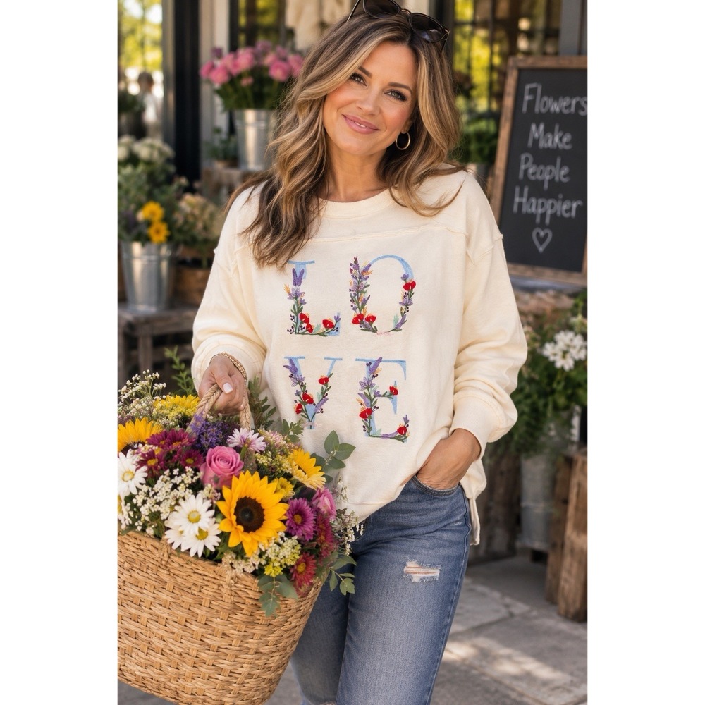 NWT In Loom LOVE Embroidered Ivory Lightweight Sweater Shirt Floral Garden Small